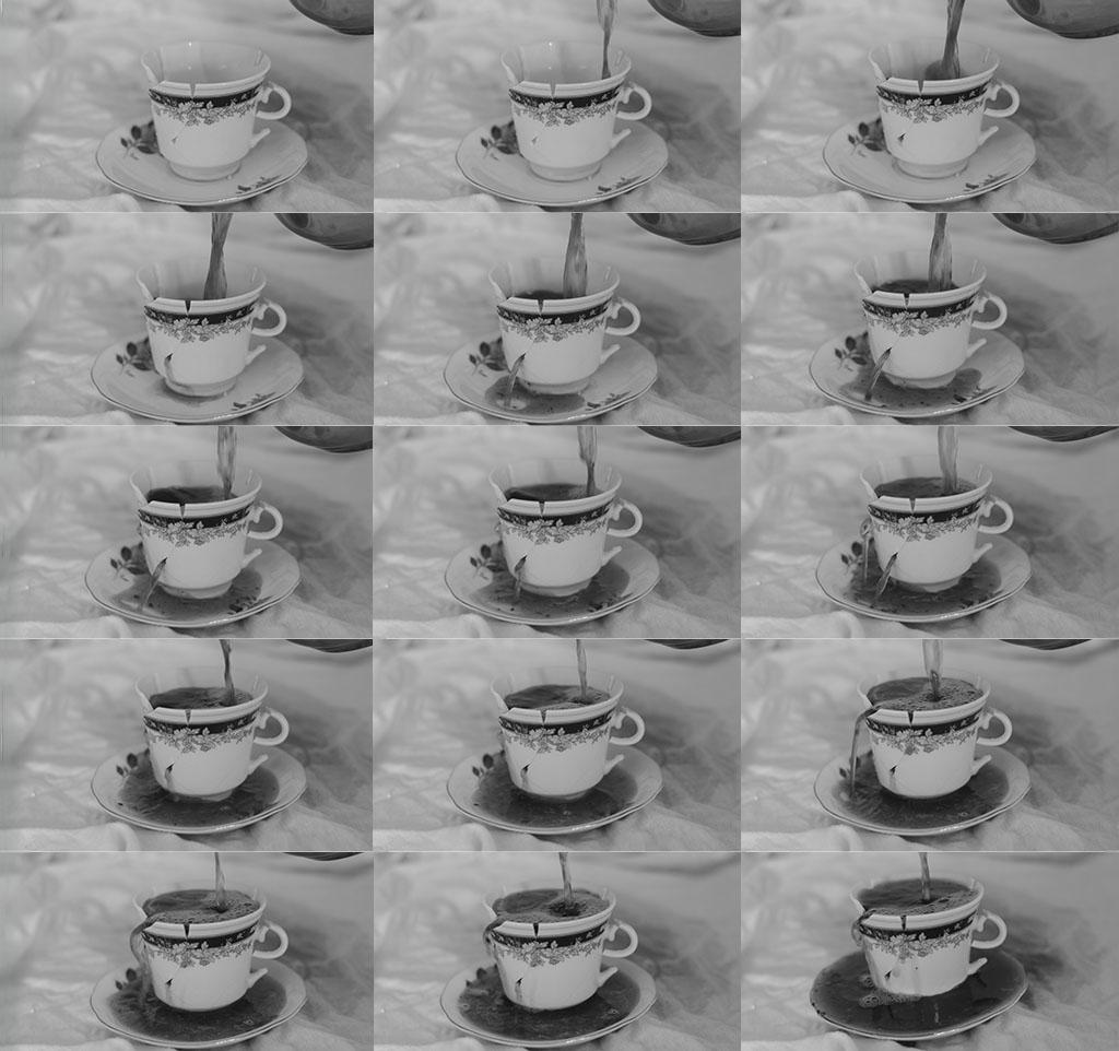 A grid of black-and-white images shows tea being poured into a floral teacup until it overflows onto the saucer.