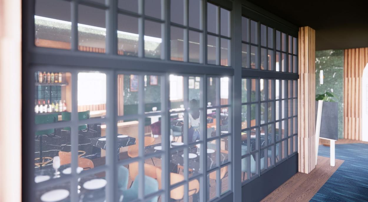 3D Rendered image of restaurant area from reception 