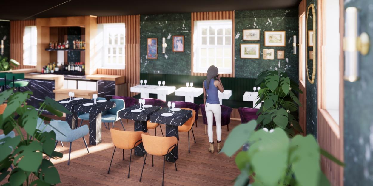 3D rendered image of restaurant from entrance of hotel