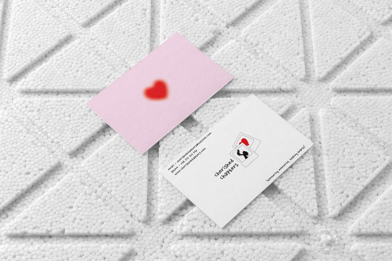 Business cards for Cherished Chapters – a brand created to help young children through grief.