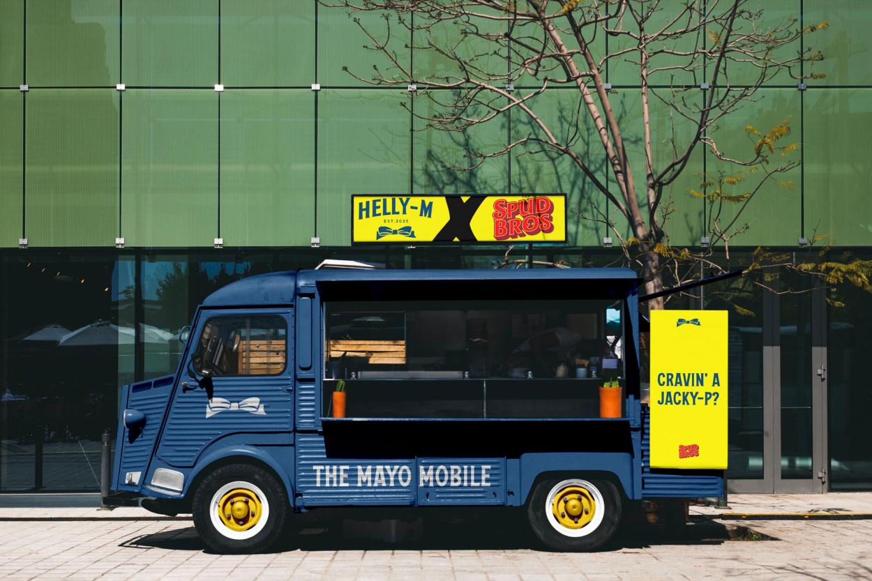 A food truck mockup depicting a potential collab for the rebrand of Hellmanns x Helly-M.
