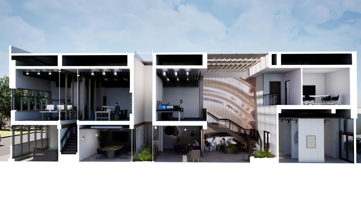 a living area with a building in the background