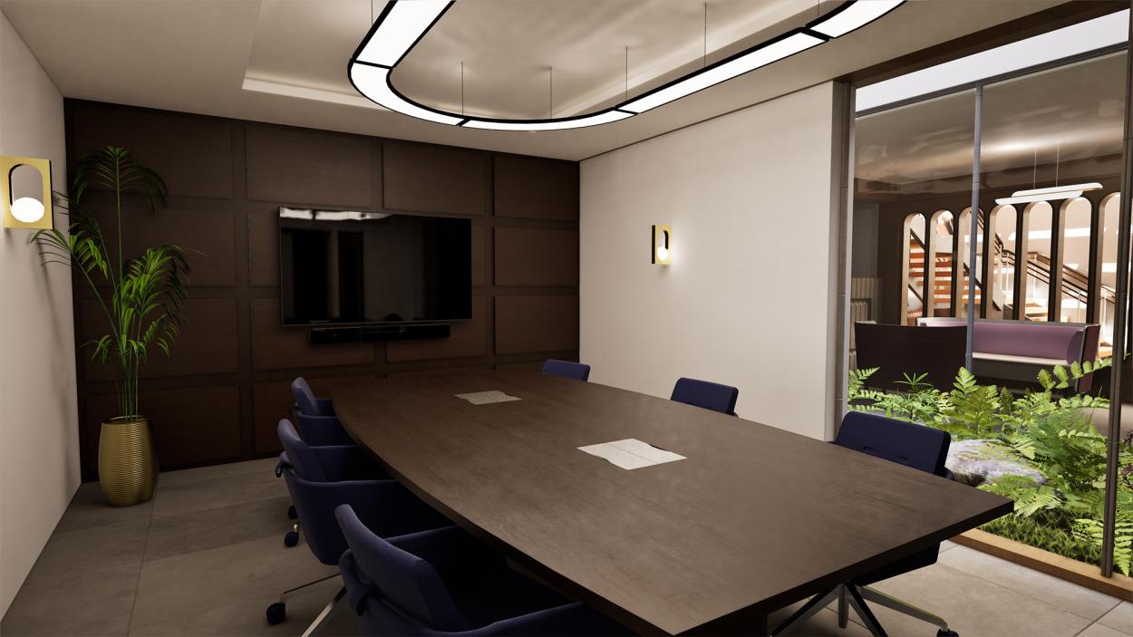 a room filled with furniture and a large window