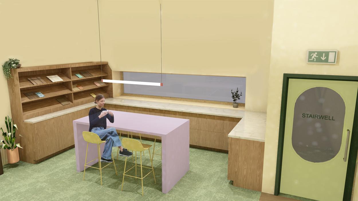 a bedroom with a bed and desk in a small room