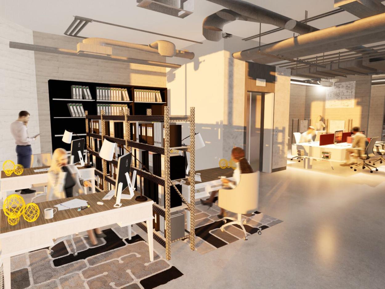 a room filled with furniture and a large building