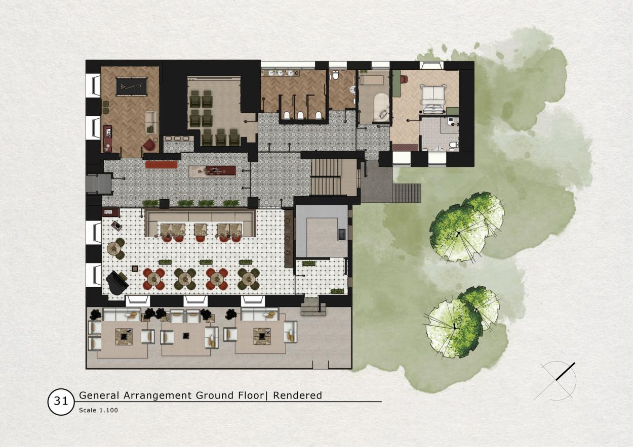 Rendered ground floor plan (Drawing 31, Scale 1:100) of a boutique hotel showing the restaurant dining room, reception lobby, games room, cinema, unisex WC, accessible bedroom, staircase, and outdoor terrace. A watercolour green wash indicates the garden areas to the right. 