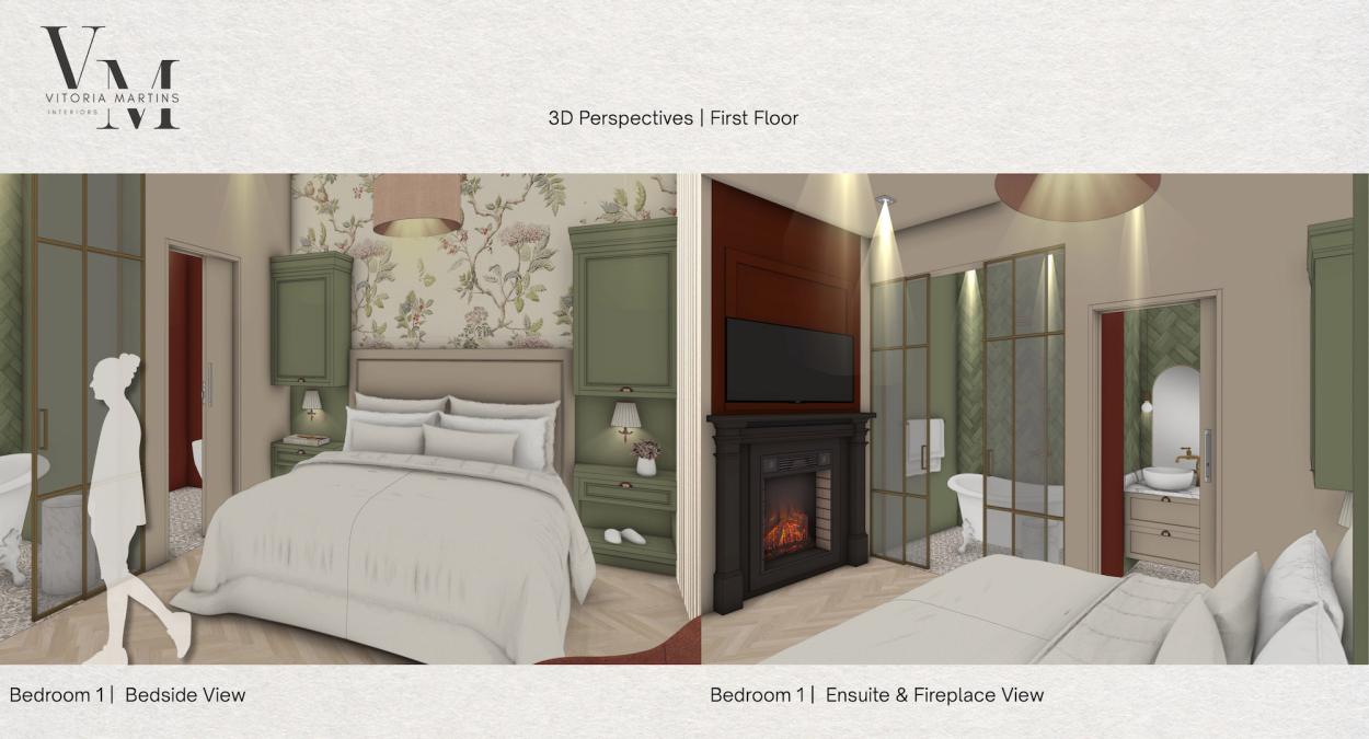 a bedroom with a bed and a mirror