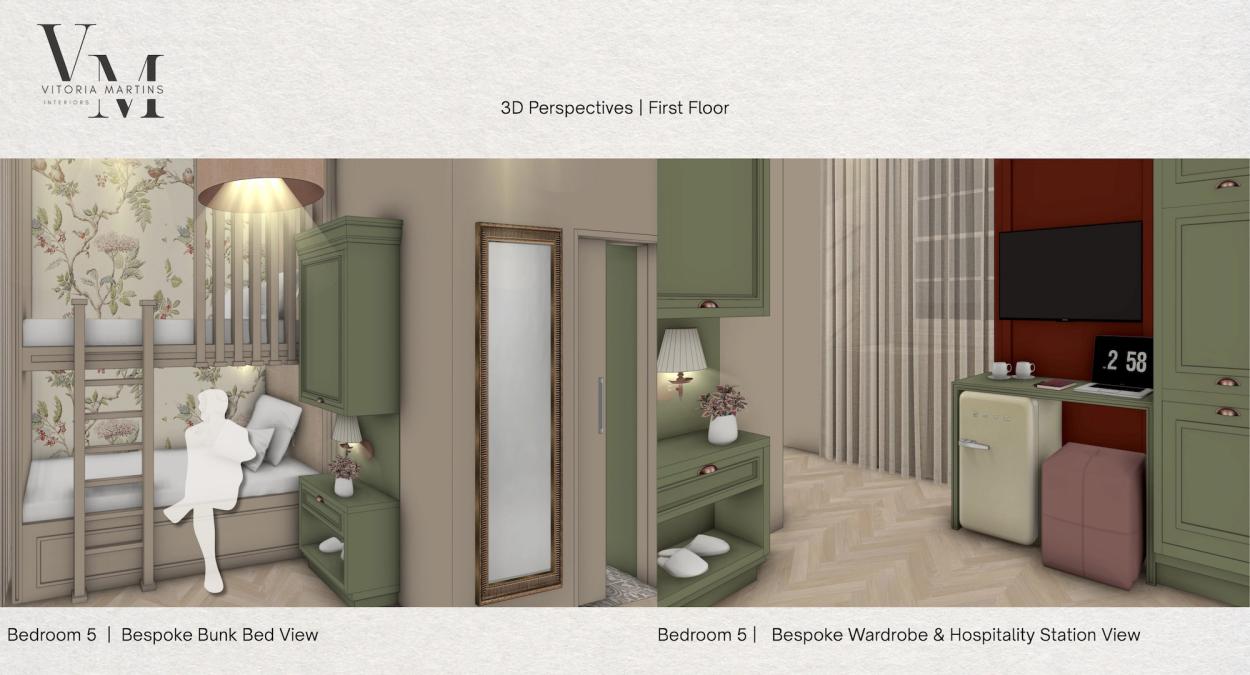 a bedroom with a large mirror