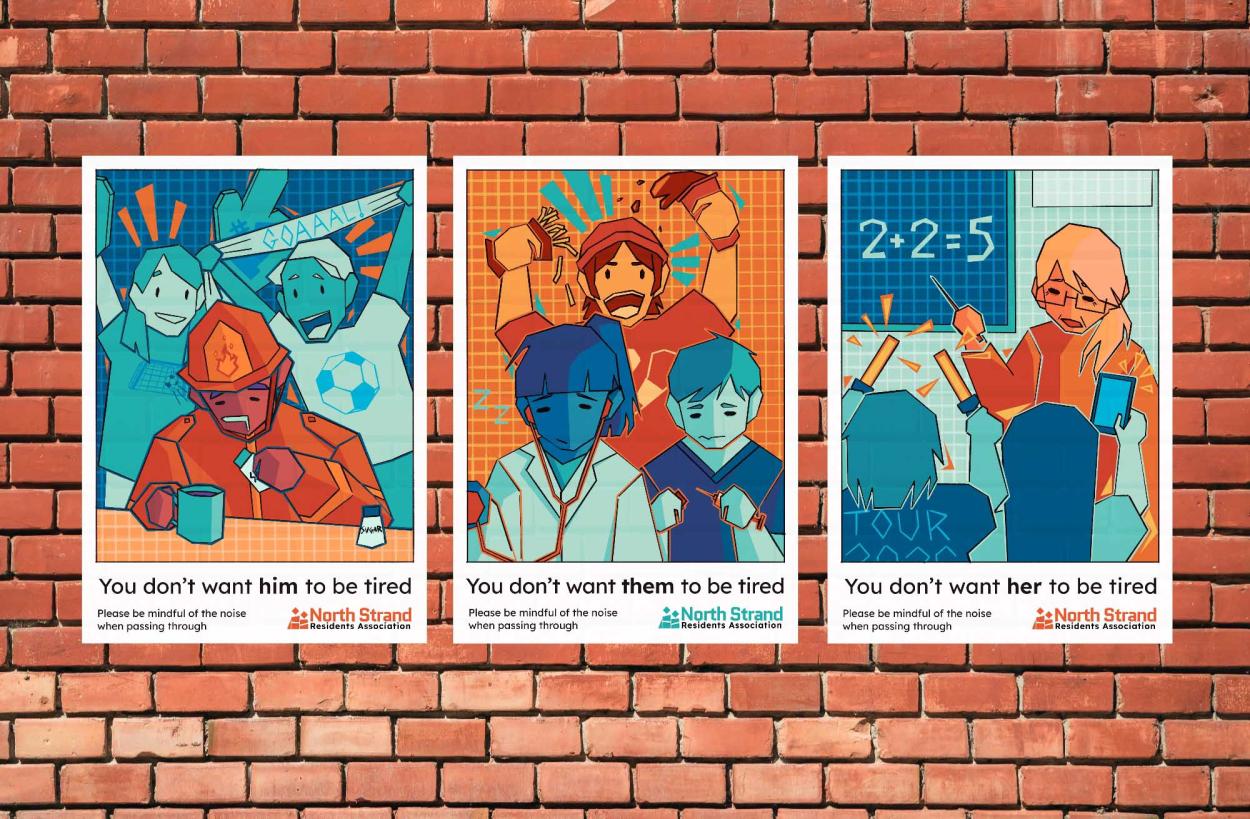 Three posters lined up on a brick wall showing essential workers being disturbed by sports fans. Made in a cartoon style with captions “You don’t want them to be tired”. 