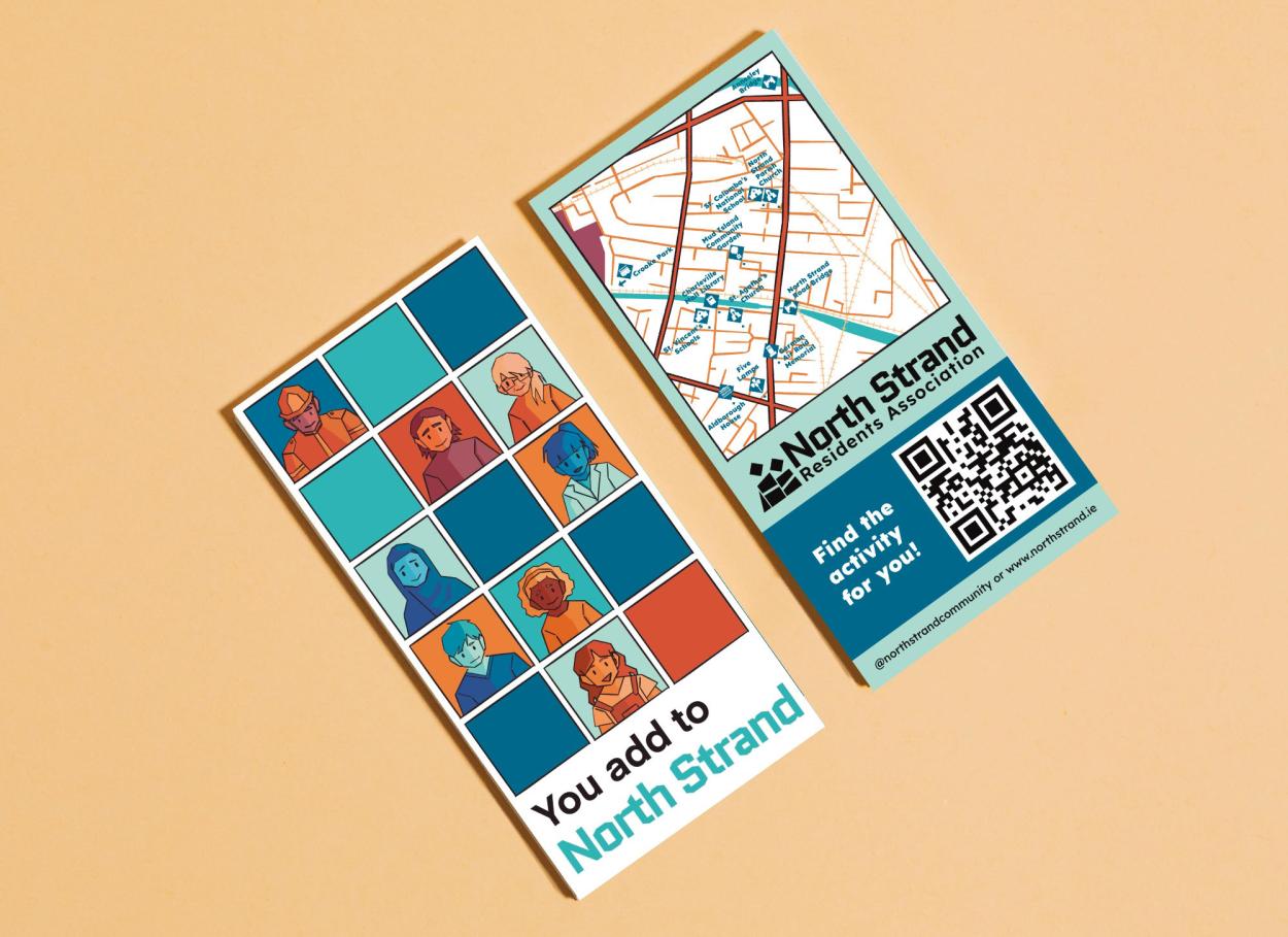 A leaflet with a collage of various people in a cartoon style, a map of local landmarks and a caption “You add to North Strand”