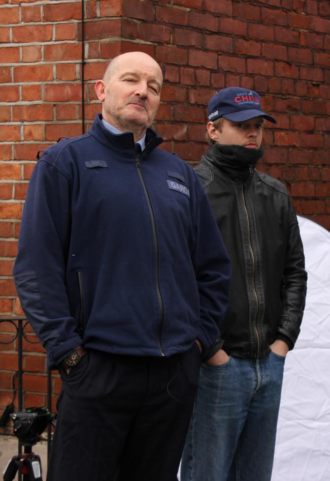 Alex and James  looking at the set.  