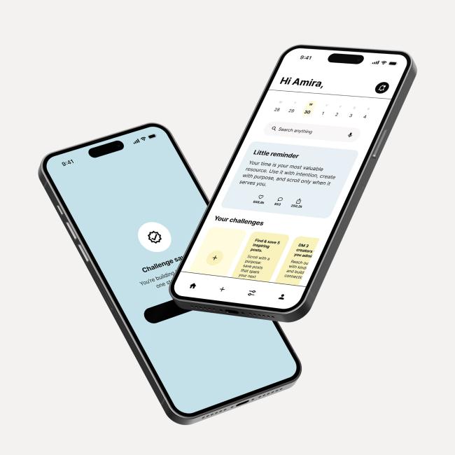 A dynamic 3D mockup showcasing two smartphones displaying a user dashboard and a "Challenge saved" confirmation screen.