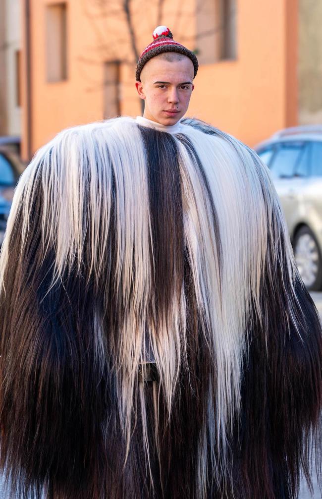 A young person wearing a tall, long‑haired black‑and‑white costume stands outside near parked cars.