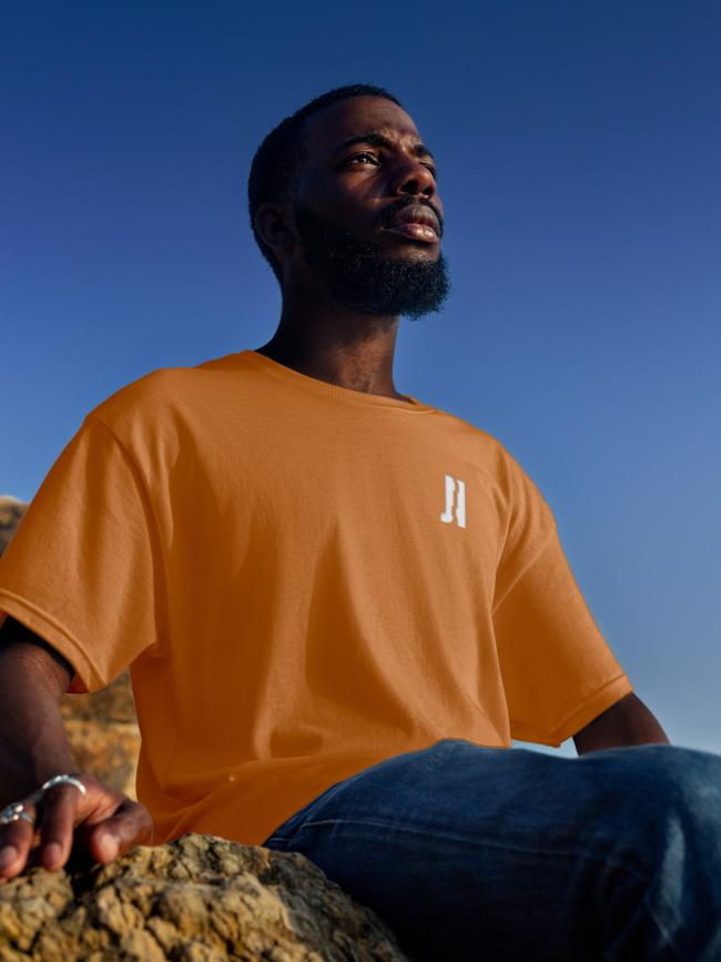 a man in a blue shirt