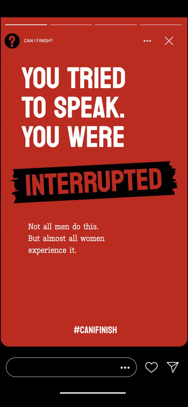 Instagram-style poster reading “You tried to speak. You were interrupted.” in bold red and black campaign design.