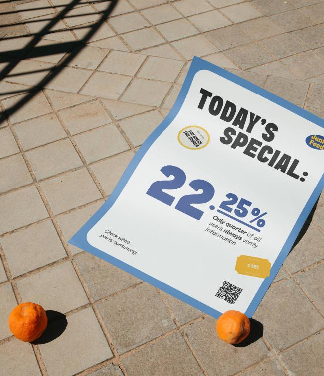 Marketing poster on pavement between two oranges, featuring bold text "TODAY'S SPECIAL: 22.25%" with "Junk Feed" branding in blue and yellow.