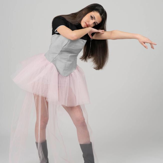 Model posing in a dress