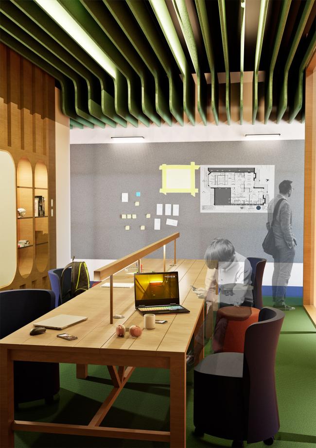 a kitchen with a table in a room