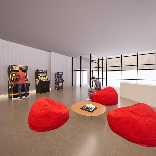 a bedroom with a bed and desk in a room