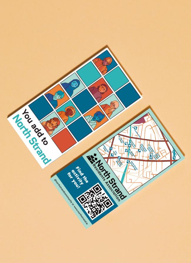 A leaflet with a collage of various people in a cartoon style, a map of local landmarks and a caption “You add to North Strand”