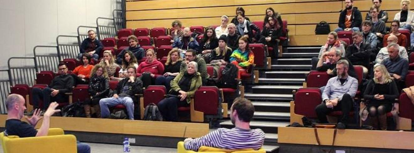 Photographer Eamonn Doyle speaks to a group of students and staff at Griffith College Dubin